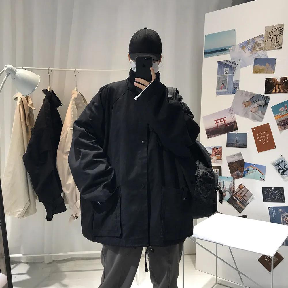 남성용 와이드 바머 스트리트웨어 재킷, 긴 소매 학생 코트 넉넉한 옷깃 칼라 겉옷 블랙/살구 컬러 윈드브레이커 2021